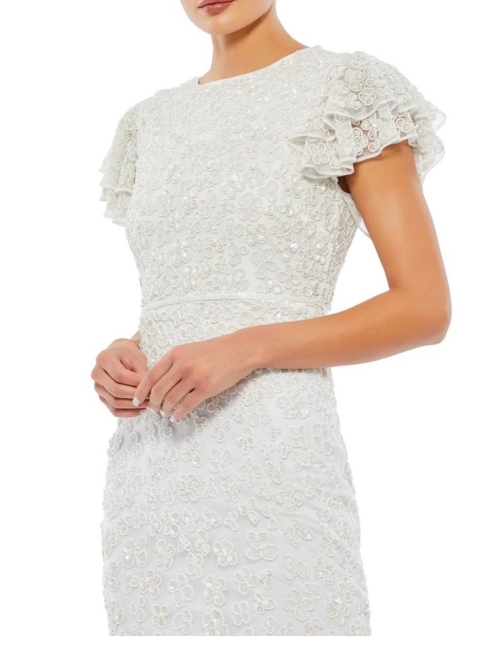 MAC DUGGAL FULLY BEADED FLOUNCE SLEEVE MIDI DRESS WITH FLORAL APPLIQUÉ - Picture 2 of 5